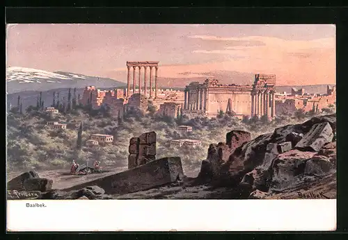 Künstler-AK Friedrich Perlberg: Baalbek, Totalansicht der Tempelanlagen