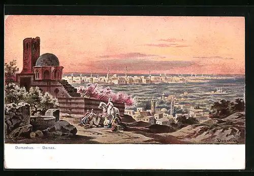 Künstler-AK Friedrich Perlberg: Damaskus, Totalansicht aus weiter Ferne