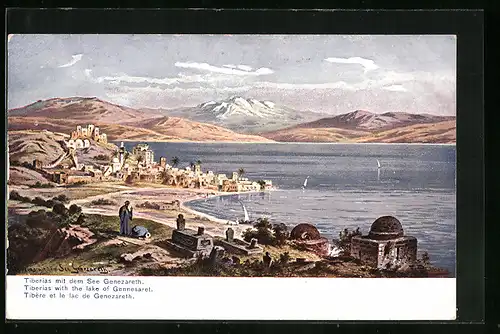Künstler-AK Friedrich Perlberg: Tiberias mit dem See Genezareth