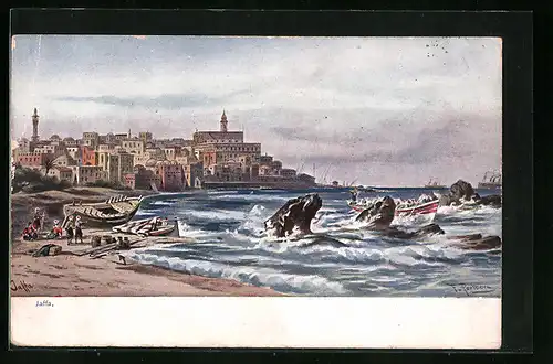 Künstler-AK Friedrich Perlberg: Jaffa, Fernansicht der Küstenstadt