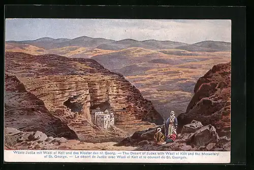 Künstler-AK Friedrich Perlberg: Wüste Judäa mit Wadi el Kelt und das Kloster des hl. Georg