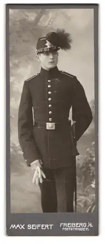 Fotografie Max Seifert, Freiberg i. Sa., Einjährig-Freiwilliger Sächsischer Jäger mit Tschako in Uniform, Bajonett, 1905