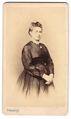 Fotografie F. Brandseph, Stuttgart, junge Frau im Biedermeierkleid mit hochgebundenen Haaren und Brosche