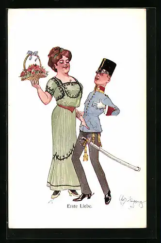 Künstler-AK Fritz Schönpflug: Erste Liebe, Soldat schenkt seiner Liebsten einen Blumenkorb