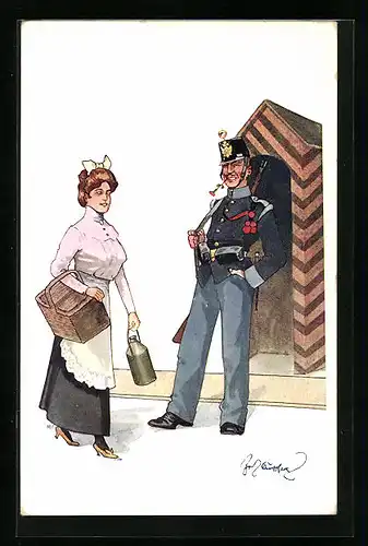 Künstler-AK Fritz Schönpflug: Wachtsoldat mit Blume im Mund, Haushälterin läuft amüsiert an ihm vorbei