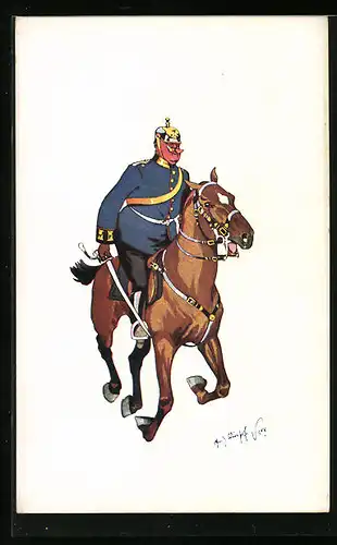 Künstler-AK Fritz Schönpflug: korpulenter Soldat auf einem Pferd reitend