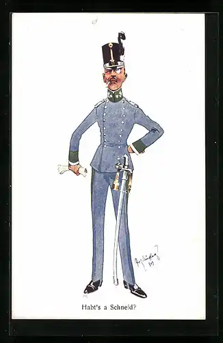 Künstler-AK Fritz Schönpflug: Hant's a Schneid?, Soldat mit Monokel und Zigarette