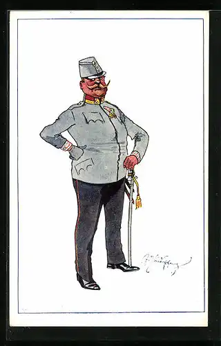 Künstler-AK Fritz Schönpflug: korpulenter Soldat in seiner Uniform