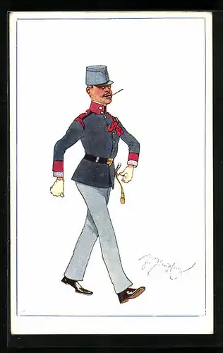 Künstler-AK Fritz Schönpflug: Soldat marschiert stolz in seiner Uniform