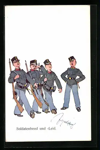 Künstler-AK Fritz Schönpflug: Soldatenfreud und -Leid, Soldaten beim Marschieren
