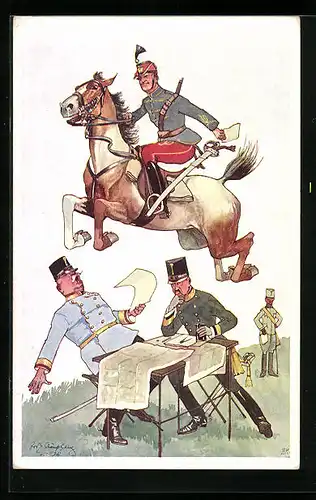 Künstler-AK Fritz Schönpflug: Soldat springt mit seinem Pferd über eine Tisch
