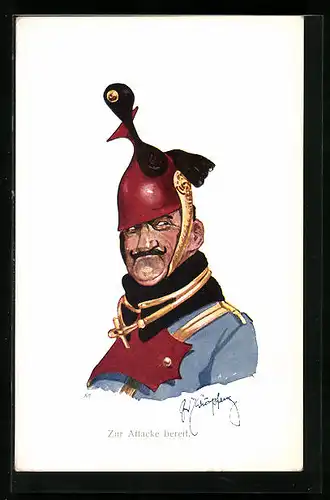 Künstler-AK Fritz Schönpflug: Zur Attacke bereit, Soldat mit aussergewöhnlichem Helm