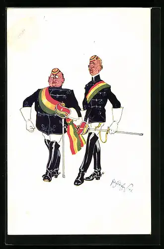 Künstler-AK Fritz Schönpflug: Zwei Soldaten in Uniformen, einer klein & korpulent, der andere gross & schlank