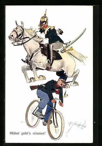 Künstler-AK Fritz Schönpflug: Höher geht's nimmer!, Soldat springt mit Pferd über einen Radfahrer hinweg