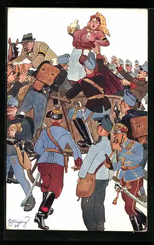 Künstler-AK Fritz Schönpflug: Soldaten klettern auf eine Bierverkaufskutsche