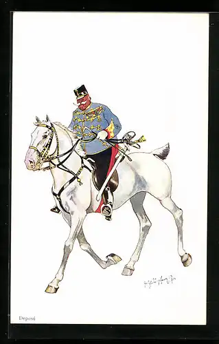 Künstler-AK Fritz Schönpflug: korpulenter Soldat reitet auf einem Schimmel