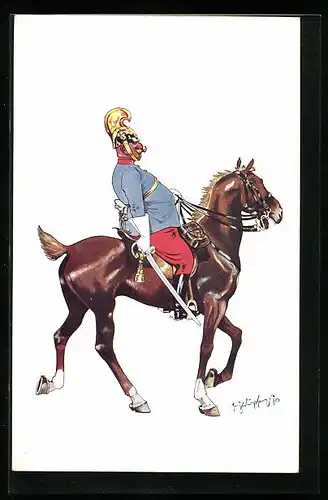 Künstler-AK Fritz Schönpflug: korpulenter Soldat sitzt wie ein nasser Sack auf dem Pferd