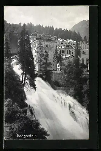 AK Badgastein, Wasserfall mit Häusergruppe