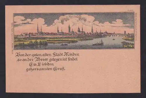 Lithographie Minden i. W., Totalansicht von der Weser aus im Jahre 1375