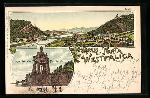 Lithographie Porta Westfalica b. Minden, Kaiser Wilhelm-Denkmal mit Totalansicht