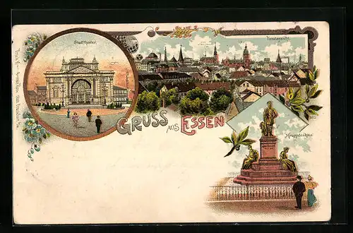 Lithographie Essen /Ruhr, Stadttheater, Totalansicht, Kruppdenkmal