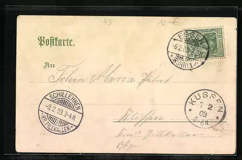 Lithographie Essen /Ruhr, Stadttheater, Totalansicht, Kruppdenkmal