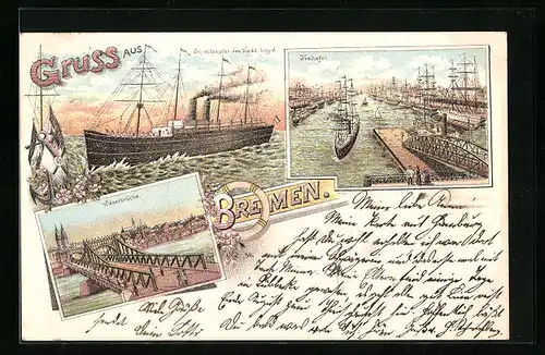 Lithographie Bremen, Schnelldampfer des Nordd. Llyods, Weserbrücke, Freihafen