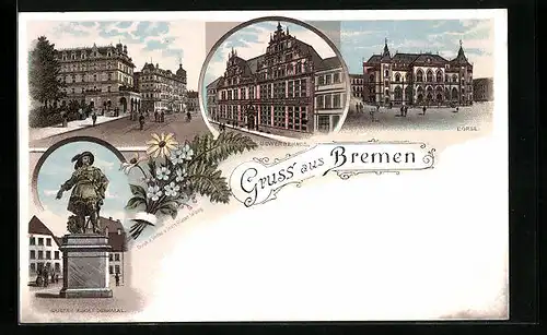 Lithographie Bremen, Gustav-Adolf-Denkmal, Gewerbehaus und Börse