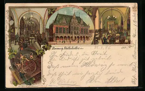 Lithographie Bremen, Restaurant Ratskeller mit Innenansicht und Rathaus