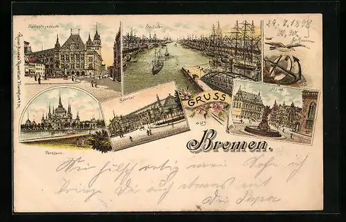 Lithographie Bremen, Restaurant Parkhaus, Gerichtsgebäude, Bahnhof, Freihafen, Markt