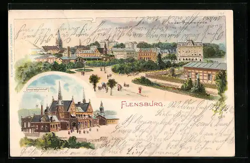 Lithographie Flensburg, Strassenpartie an der Promenade, Staatsbahnhof