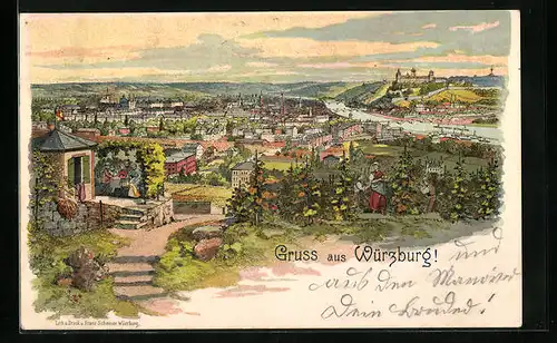 Lithographie Würzburg, Totalansicht vom Weinberg gesehen