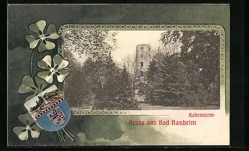 Passepartout-AK Bad Nauheim, Rabenturm in der kalten Jahreszeit, Wappen mit Klee