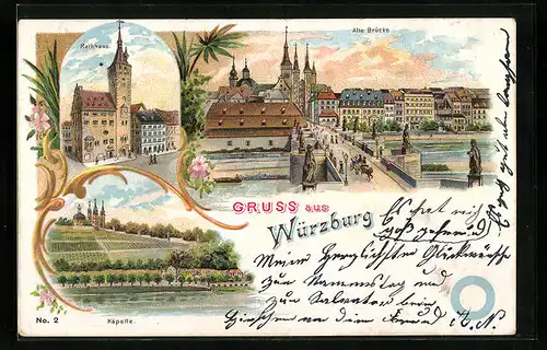 Lithographie Würzburg, Rathaus, Alte Brücke, Kapelle aus der Ferne
