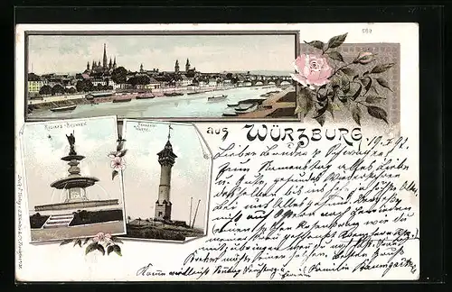 Lithographie Würzburg, Mainufer, Kiliansbrunnen, Frankenwarte