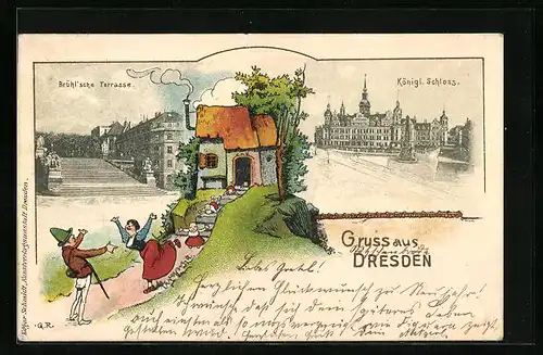 Lithographie Dresden, Brühl`sche Terrasse mit Königlichem Schloss
