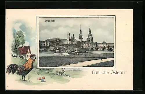 Künstler-AK Dresden, Totalansicht mit Elbdampfer und Kreuzkirche, Osterhase mit Hahn