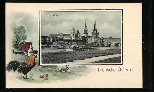 Künstler-AK Dresden, Totalansicht mit Elbdampfer und Kreuzkirche, Osterhase mit Hahn