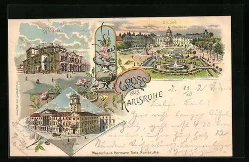 Lithographie Karlsruhe, Schloss, Hoftheater und Rathhaus