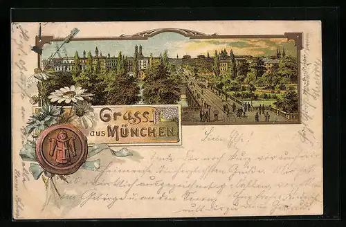 Lithographie München, Teilansicht aus der Vogelschau, Siegel mit Münchener Kindl