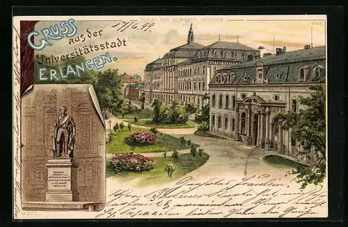 Lithographie Erlangen, Partie an der Universität, Denkmal Markgraf Friedrich