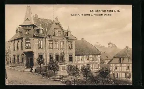 AK St. Andreasberg i. H., Strassenpartie mit Kaiserlichem Postamt und Kriegerdenkmal