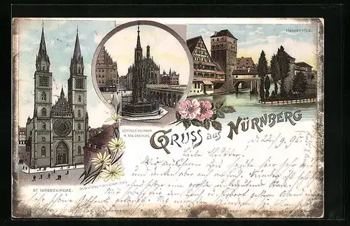 Vorläufer-Lithographie Nürnberg, 1895, Partie am Henkersteg, St. Lorenzkirche, Schöner Brunnen und Frauenkirche