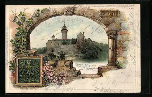 Passepartout-Lithographie Nürnberg, Freiung im Schlossfenster-Passepartout, Wappen