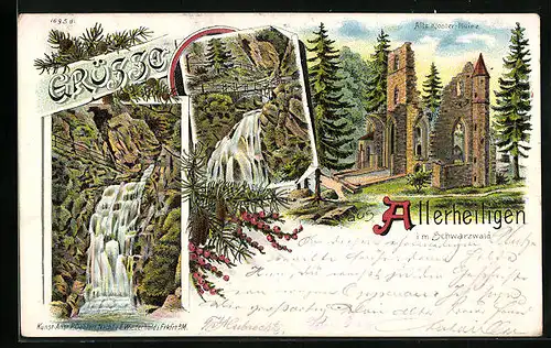 Lithographie Allerheiligen /Schwarzw., Alte Kloster-Ruine und Wasserfall