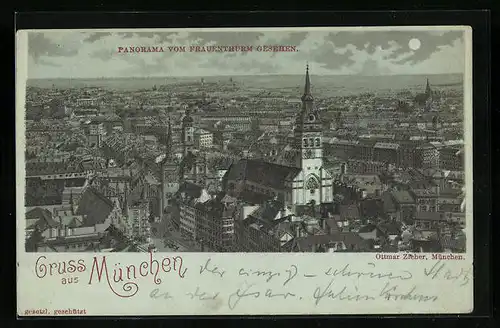 Mondschein-AK München, Panorama vom Frauenthurm gesehen