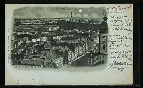 Mondschein-AK München, Totalansicht vom Peterskirchthurm