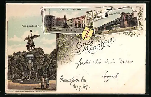 Lithographie Mannheim, Rheinbrücke, Schloss mit Kaiser-Denkmal, Kriegerdenkmal