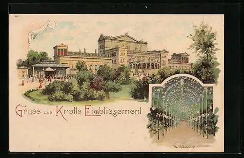 Lithographie Berlin, Krolls Etablissement - Gebäudeansicht und Wandelgang