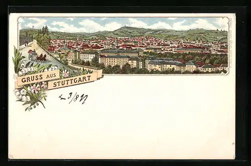 Lithographie Stuttgart, Ortsansicht aus der Vogelschau, Strassenpartie mit Pferdefuhrwerk